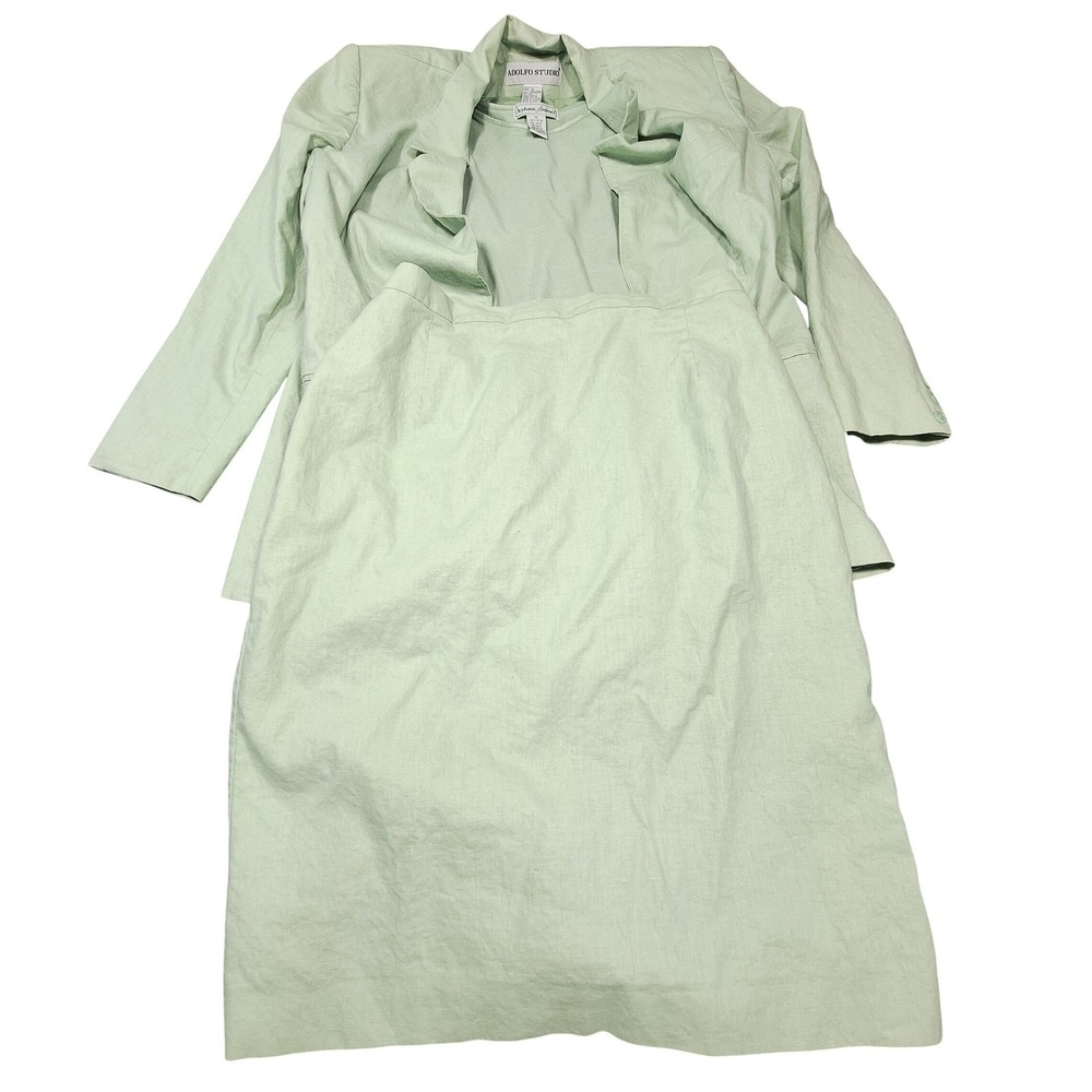 Adolfo Studio Mint Green Linen Blend Skirt Suit Blazer & Midi Skirt Missy 16/18
